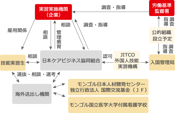 日本ケアビジネス協同組合はJITCOからの認可を受け、実習生の入国から帰国に必要な諸手続きを行います